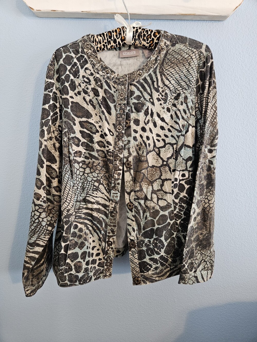 Chico's Animal Print Snap-Front Jacket in Tan, Black & Cream